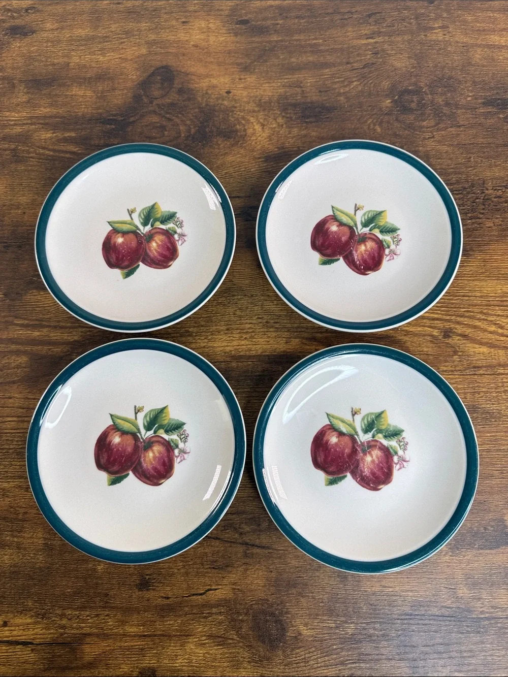 Dinner Saucer Plates with Red Apple Motif and Teal Rim Set Of 4